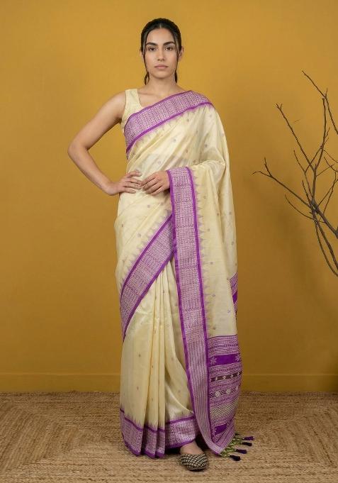 Purple Zari Work Silk Blend Saree Set