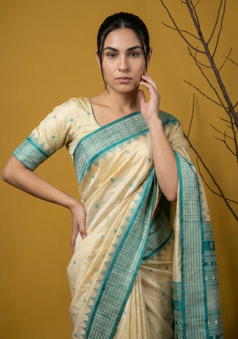 Rama Zari Work Silk Blend Saree Set - Indya