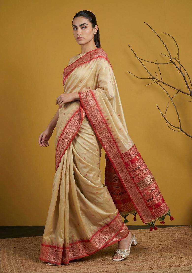 Red Zari Work Silk Blend Saree Set - Indya