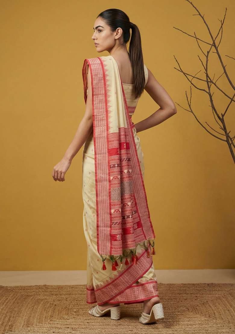Red Zari Work Silk Blend Saree Set - Indya