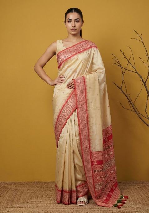 Red Zari Work Silk Blend Saree Set
