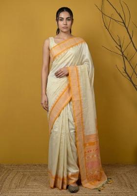 Yellow Zari Work Silk Blend Saree Set
