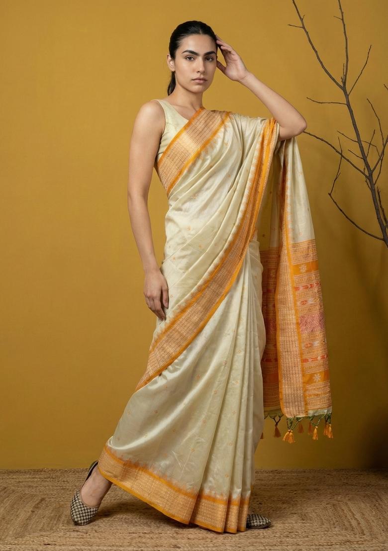 Yellow Zari Work Silk Blend Saree Set - Indya