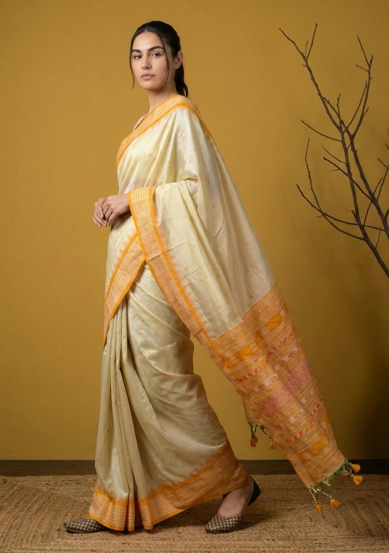 Yellow Zari Work Silk Blend Saree Set - Indya