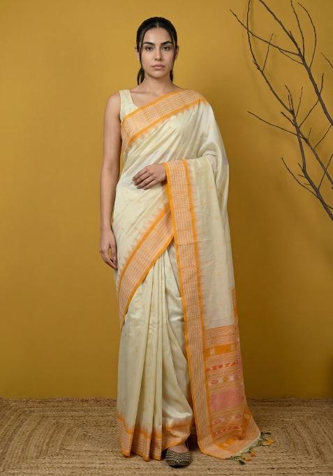 Yellow Zari Work Silk Blend Saree Set