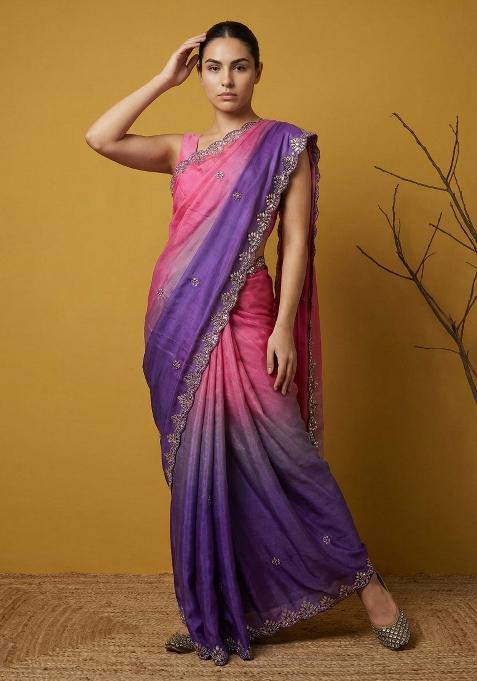 Blue Gotapatti Work Satin Saree Set