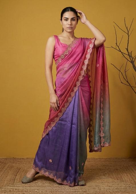 Pink Gotapatti Work Satin Saree Set