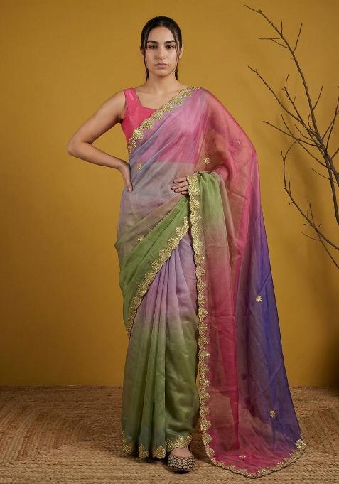 Pista Gotapatti Work Satin Saree Set