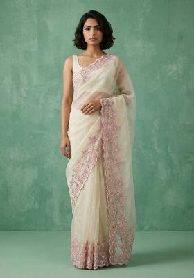 Cream Embroidered Silk Blend Saree Set