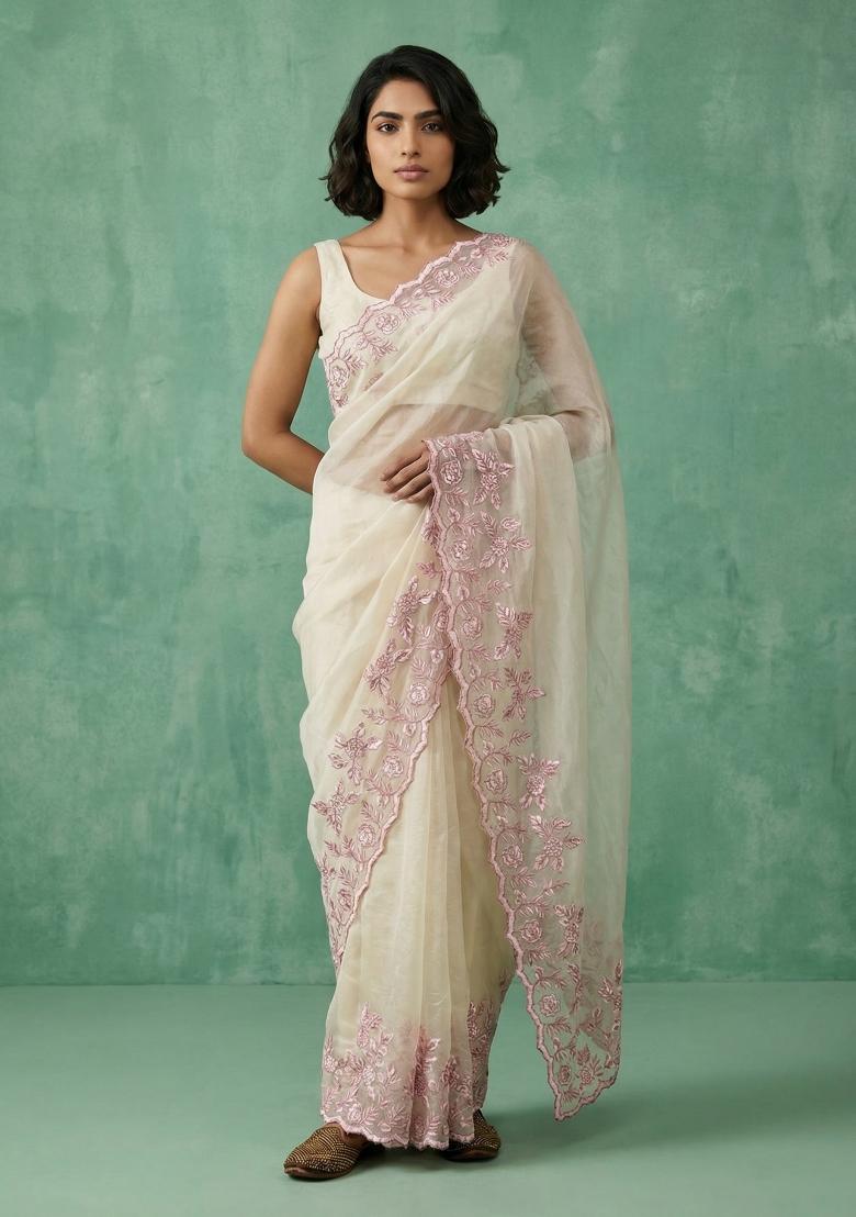 Cream Embroidered Silk Blend Saree Set - Indya