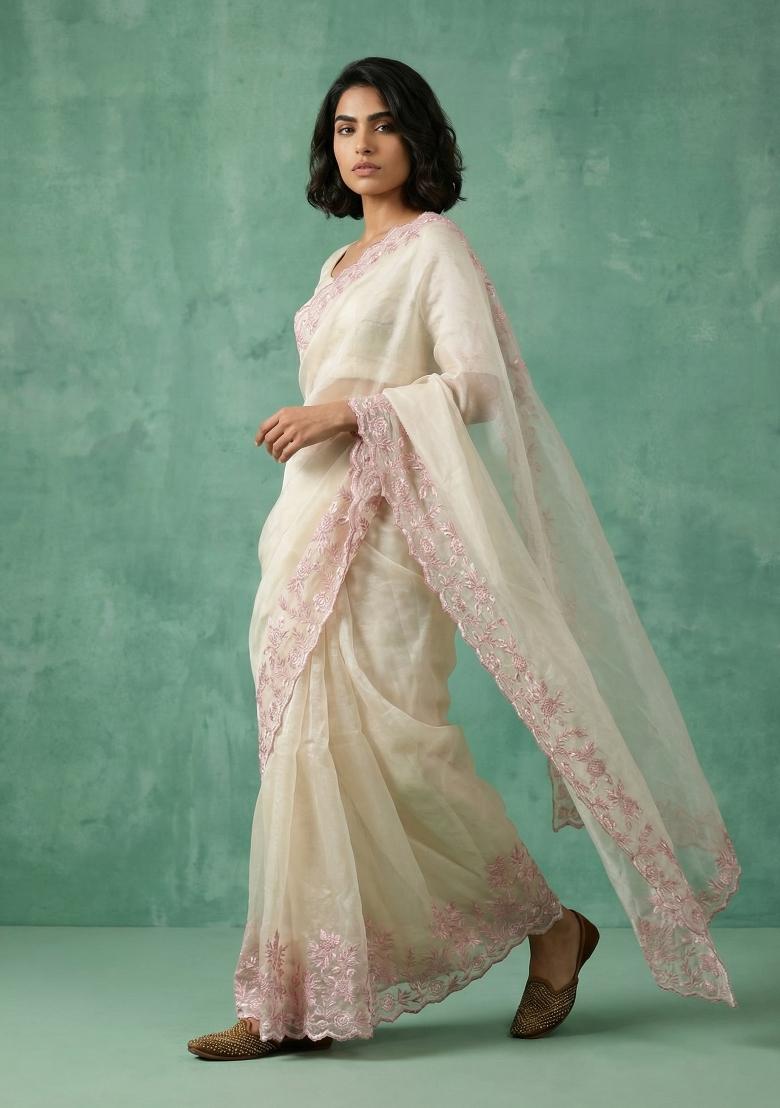 Cream Embroidered Silk Blend Saree Set - Indya