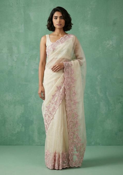 Cream Embroidered Silk Blend Saree Set
