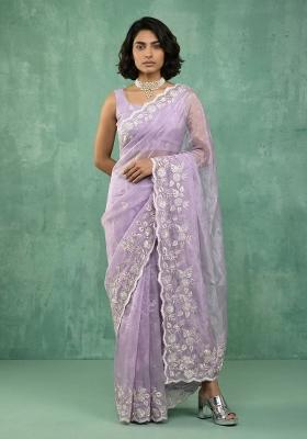 Lavender Embroidered Silk Blend Saree Set