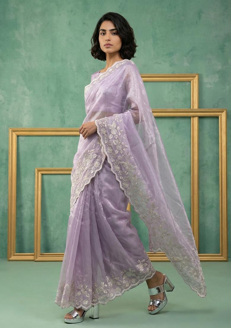 Lavender Embroidered Silk Blend Saree Set - Indya