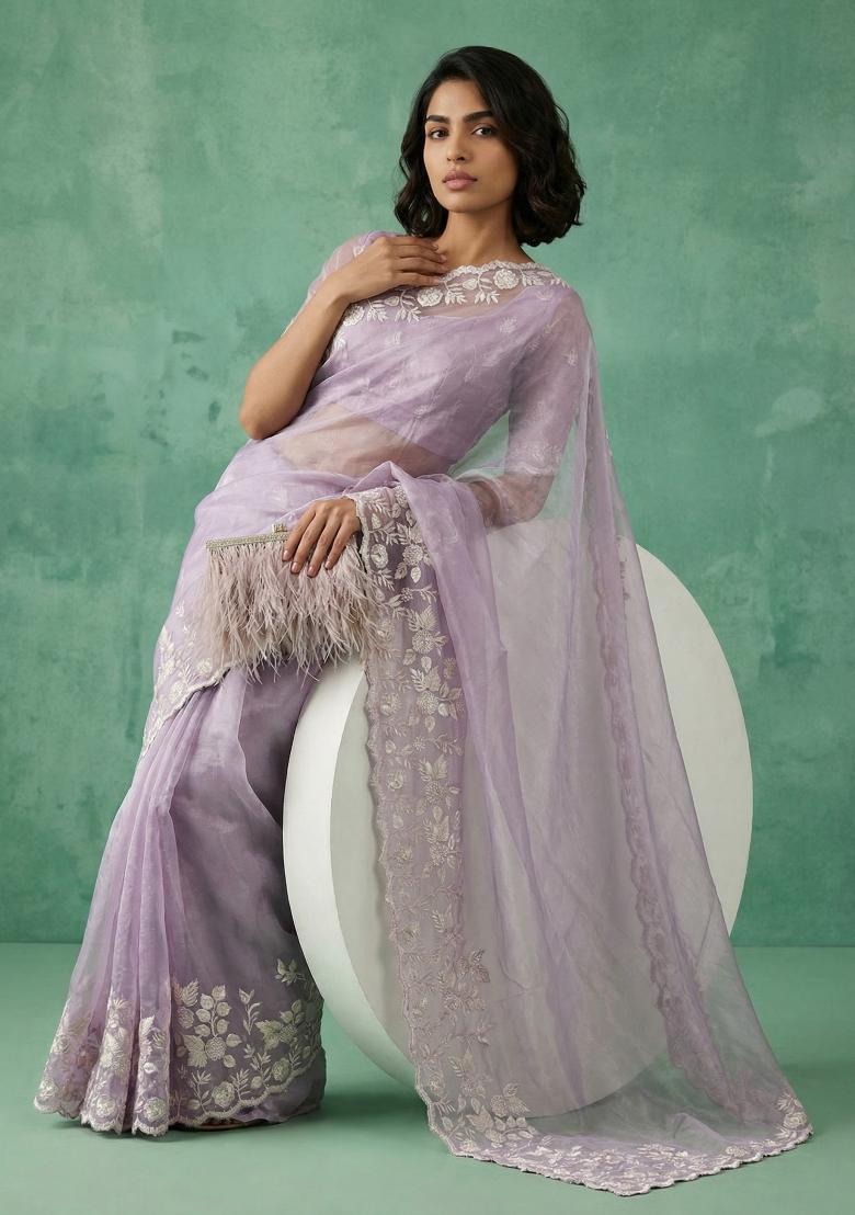 Lavender Embroidered Silk Blend Saree Set - Indya