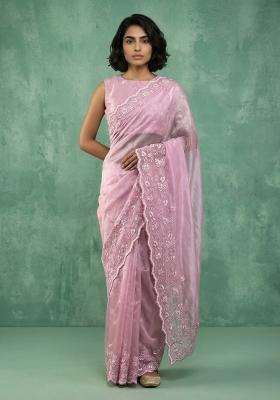 Pink Embroidered Silk Blend Saree Set
