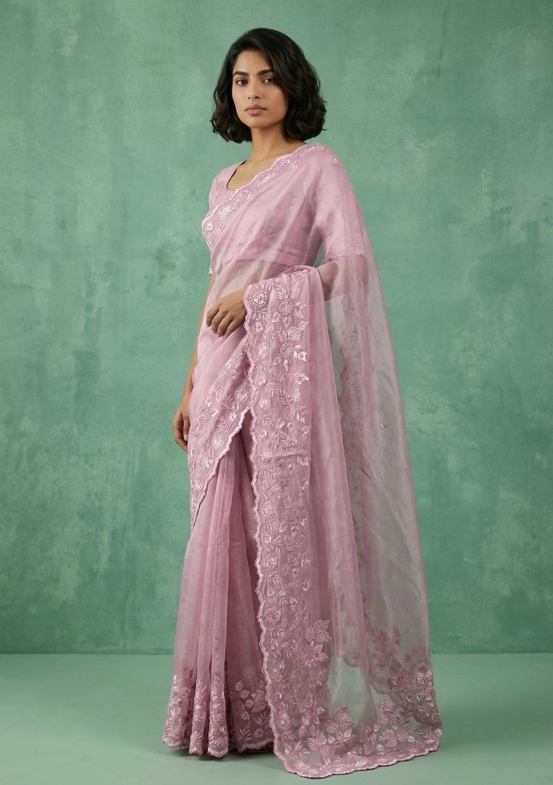 Pink Embroidered Silk Blend Saree Set - Indya