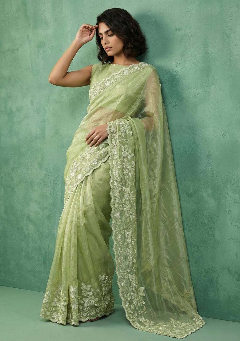 Pista Embroidered Silk Blend Saree Set - Indya