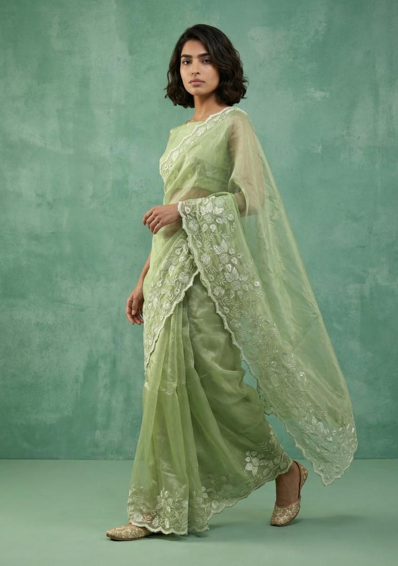 Pista Embroidered Silk Blend Saree Set - Indya