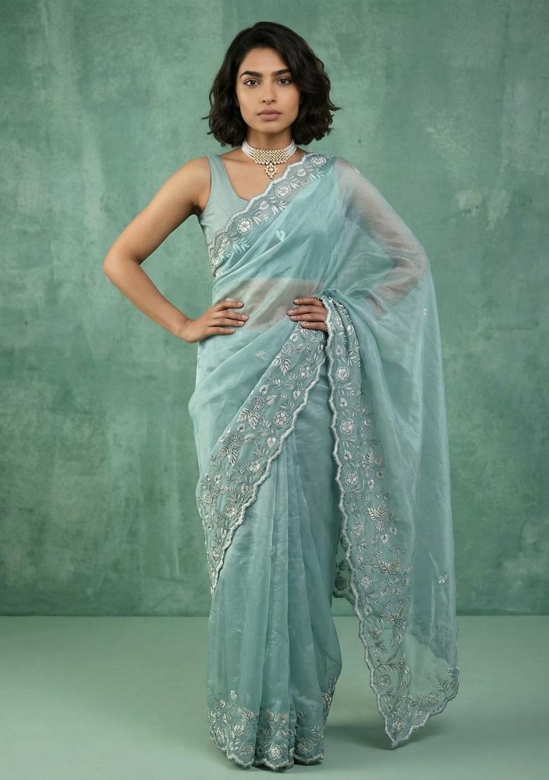 Sky Blue Embroidered Silk Blend Saree Set - Indya