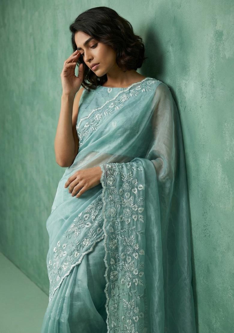 Sky Blue Embroidered Silk Blend Saree Set - Indya