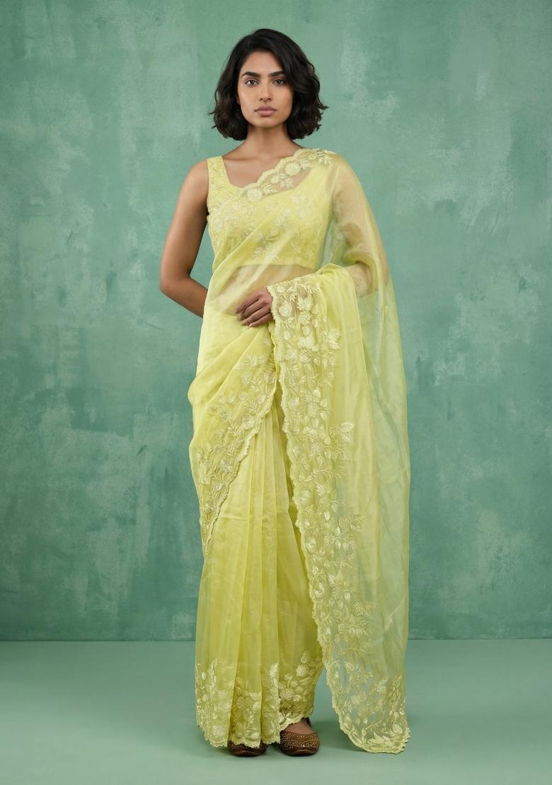 Yellow Embroidered Silk Blend Saree Set - Indya