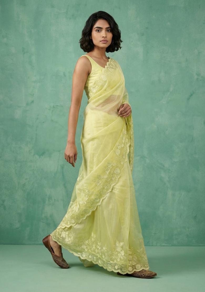 Yellow Embroidered Silk Blend Saree Set - Indya