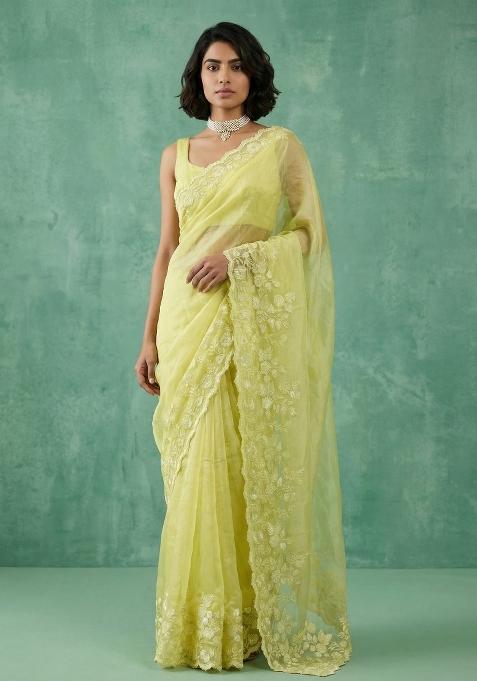 Yellow Embroidered Silk Blend Saree Set