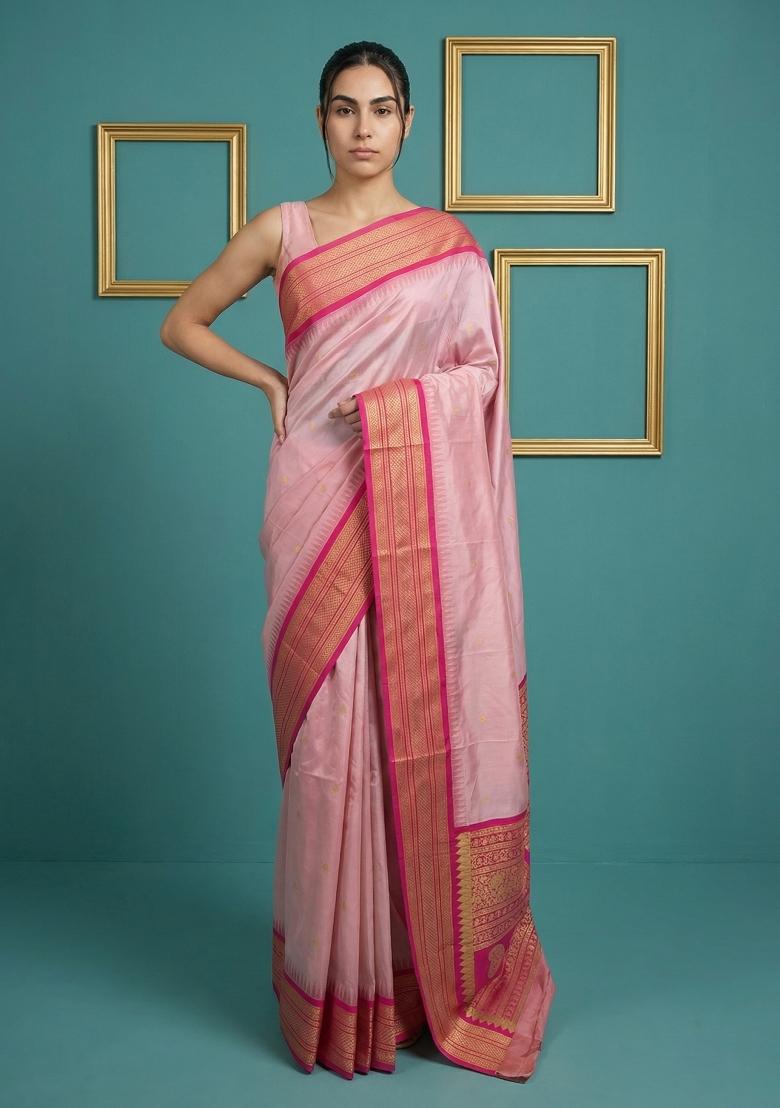 Baby Pink Zari Work Silk Blend Saree Set - Indya