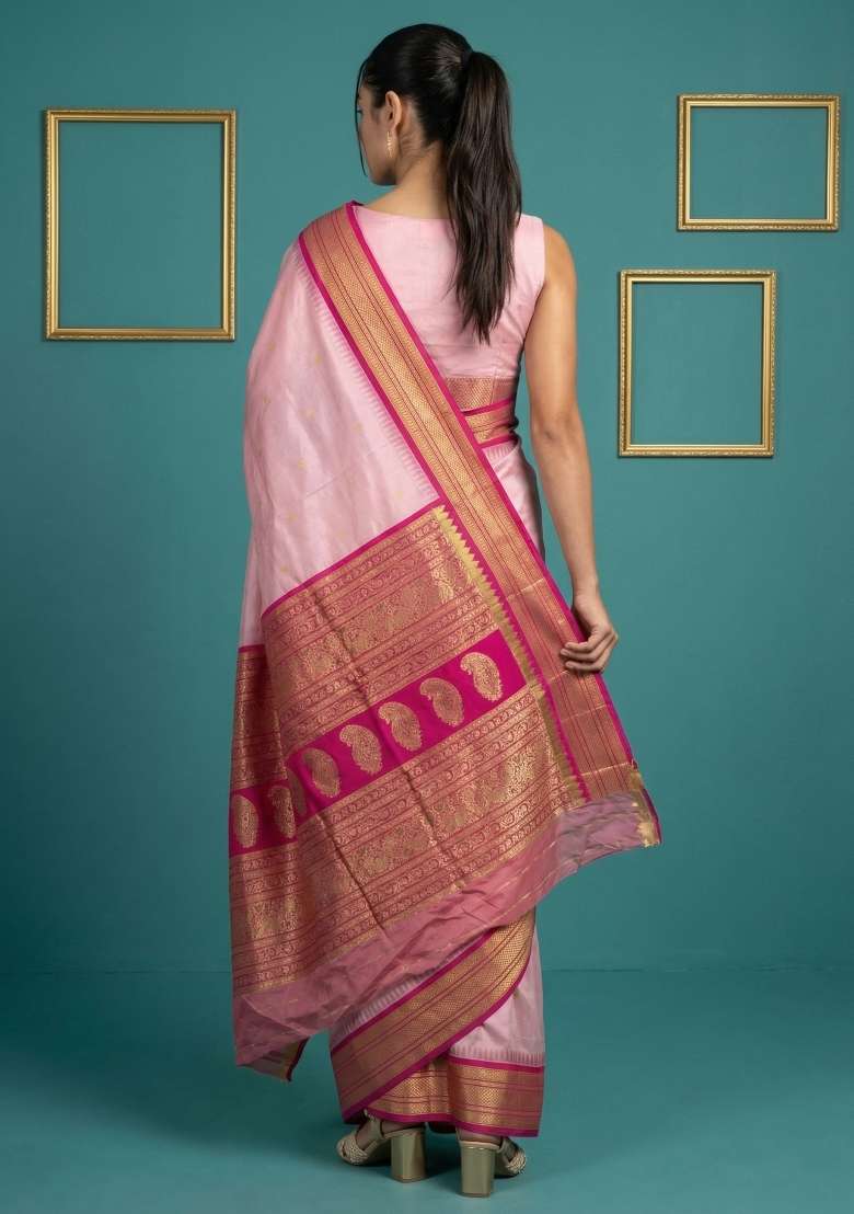 Baby Pink Zari Work Silk Blend Saree Set - Indya