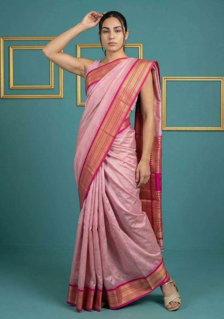 Baby Pink Zari Work Silk Blend Saree Set - Indya