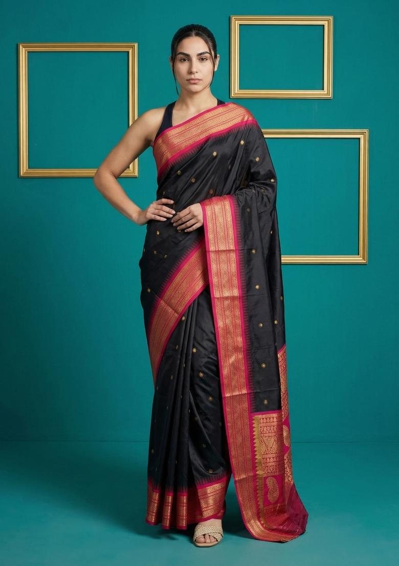 Black Zari Work Silk Blend Saree Set - Indya