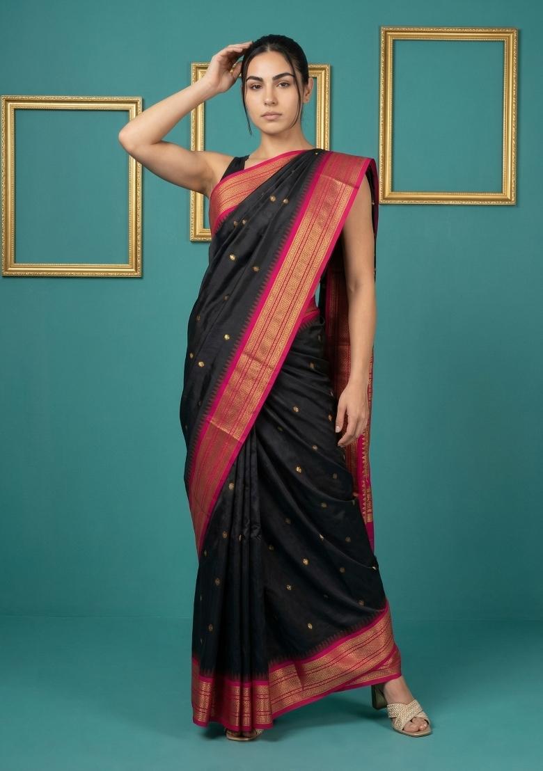 Black Zari Work Silk Blend Saree Set - Indya