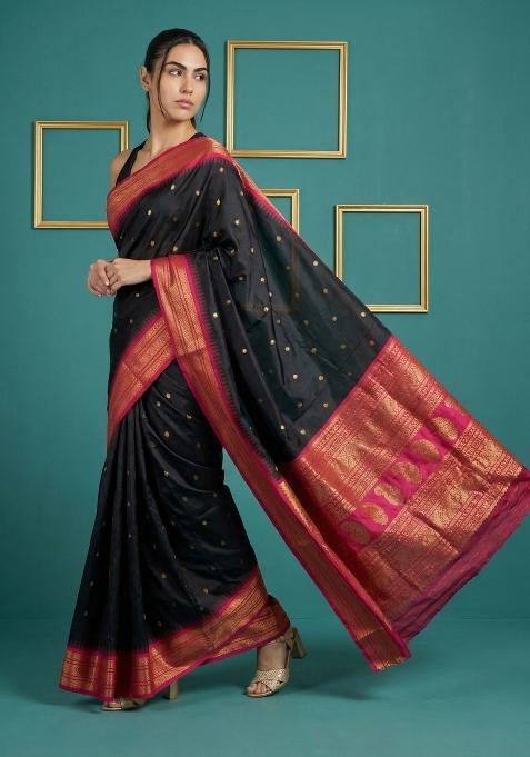 Black Zari Work Silk Blend Saree Set