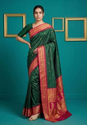 Bottle Green Zari Work Silk Blend Saree Set