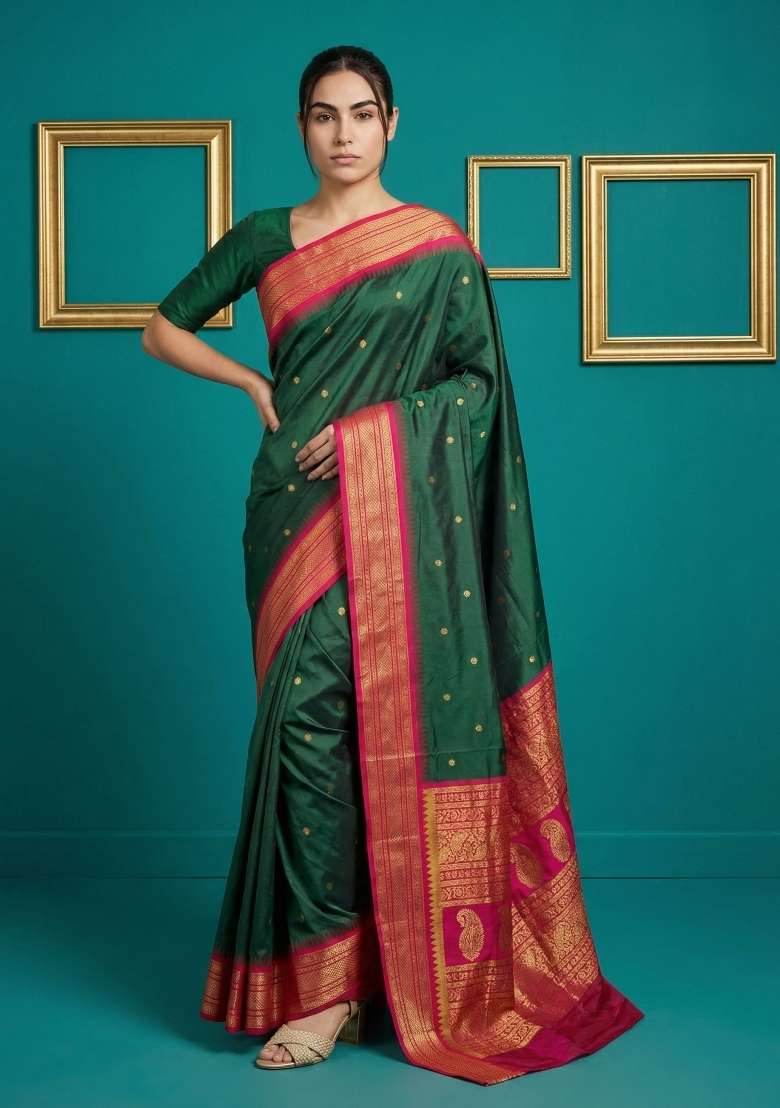 Bottle Green Zari Work Silk Blend Saree Set - Indya