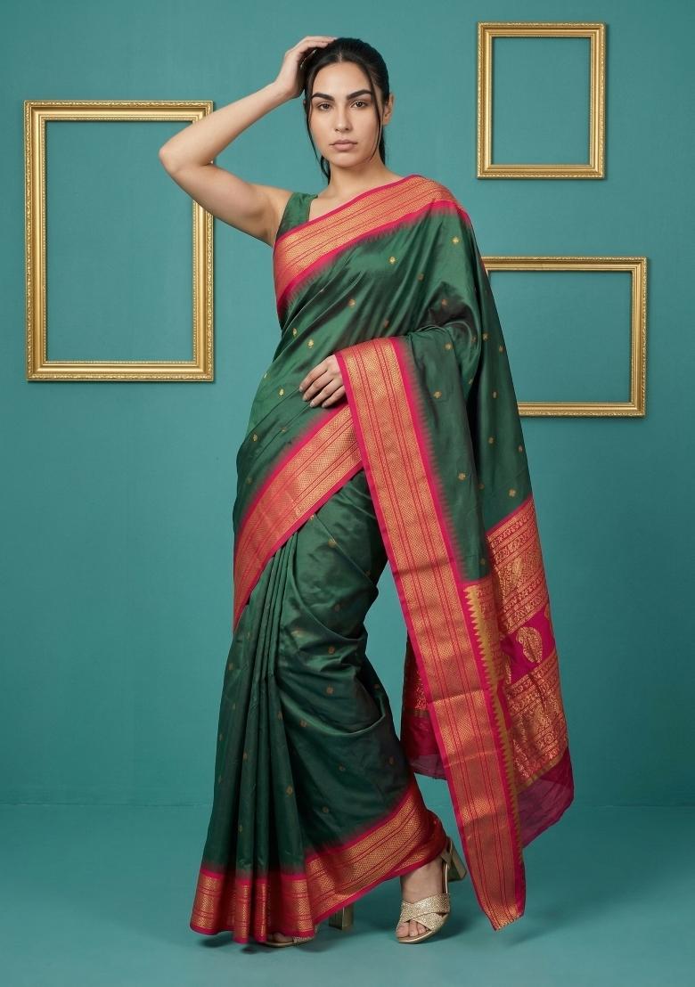 Bottle Green Zari Work Silk Blend Saree Set - Indya