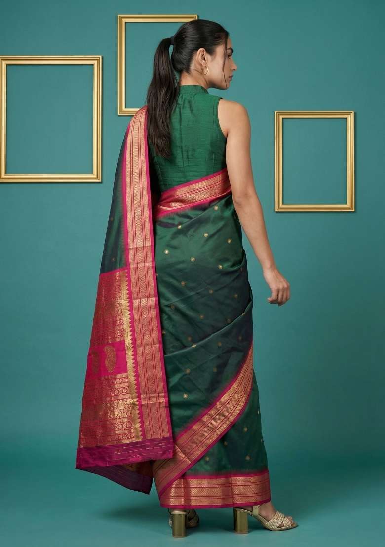 Bottle Green Zari Work Silk Blend Saree Set - Indya