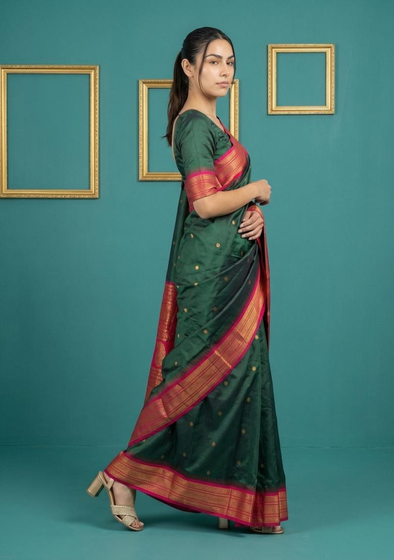 Bottle Green Zari Work Silk Blend Saree Set - Indya
