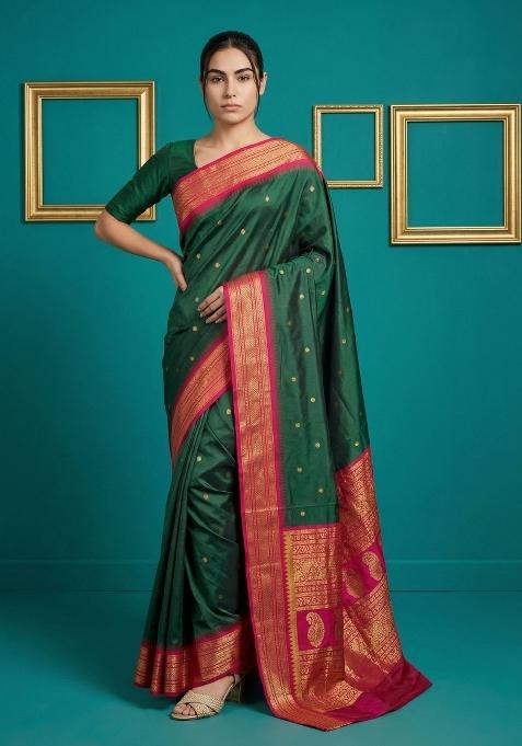 Bottle Green Zari Work Silk Blend Saree Set