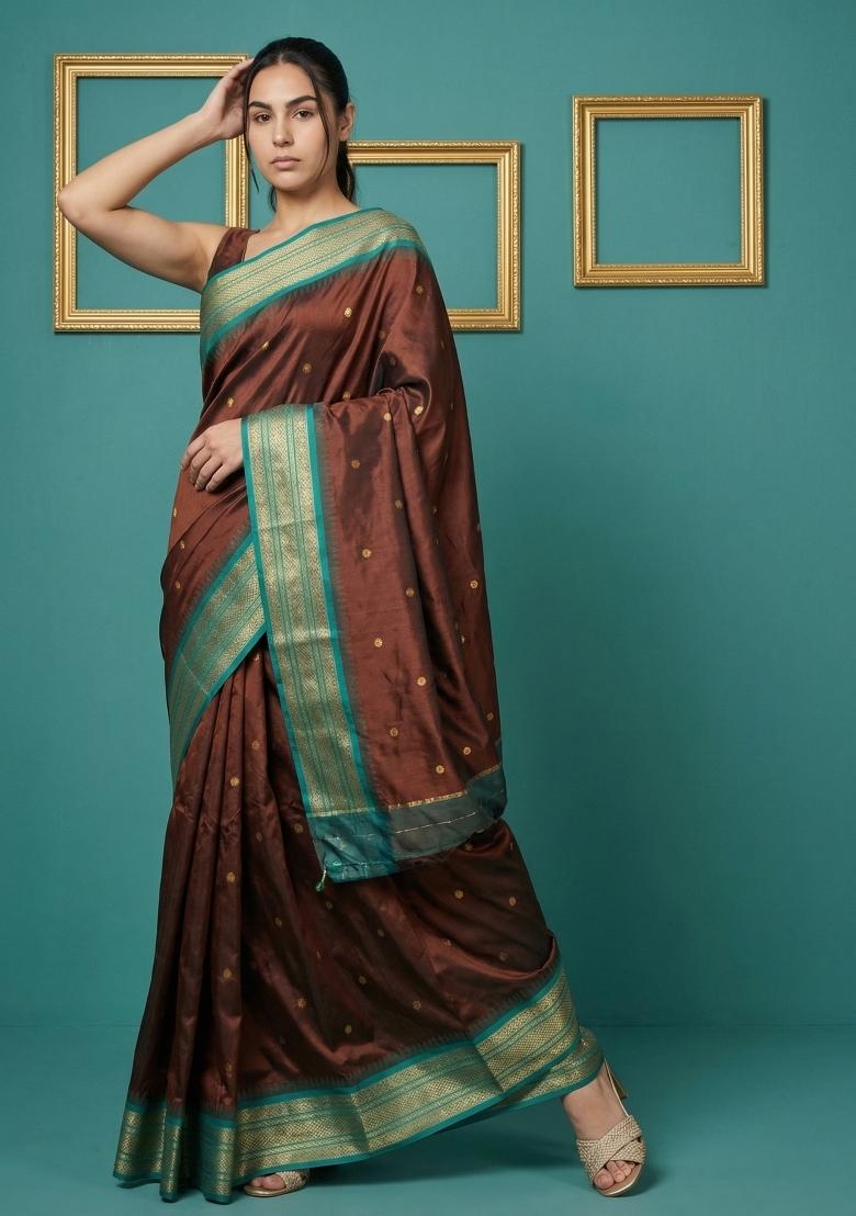Brown Zari Work Silk Blend Saree Set - Indya