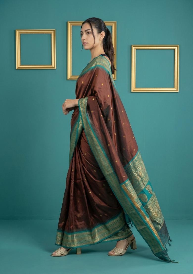 Brown Zari Work Silk Blend Saree Set - Indya