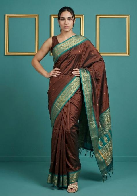 Brown Zari Work Silk Blend Saree Set