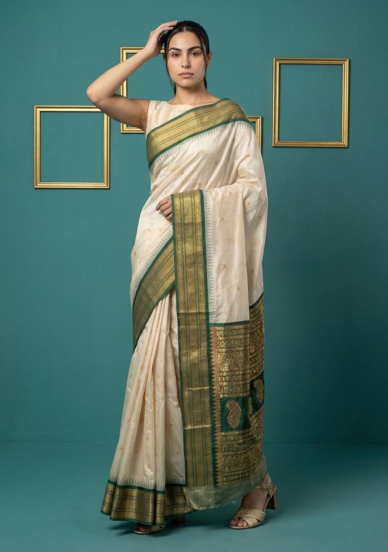 Cream Zari Work Silk Blend Saree Set - Indya