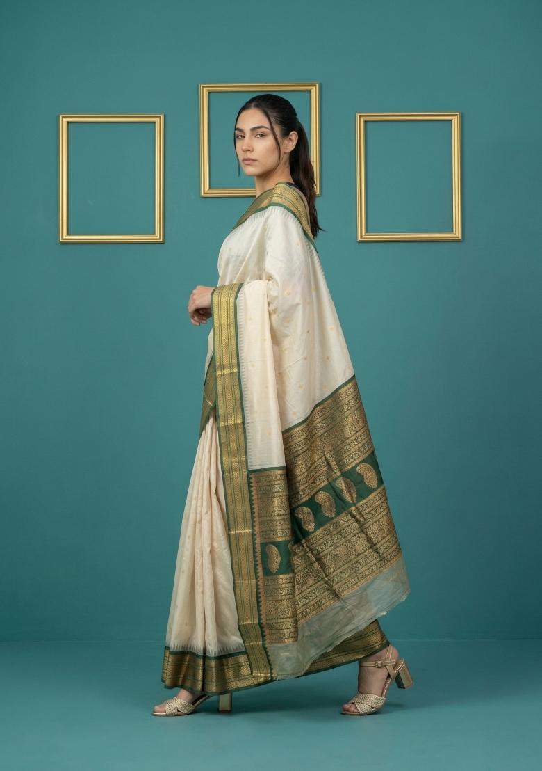 Cream Zari Work Silk Blend Saree Set - Indya