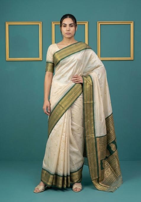 Cream Zari Work Silk Blend Saree Set