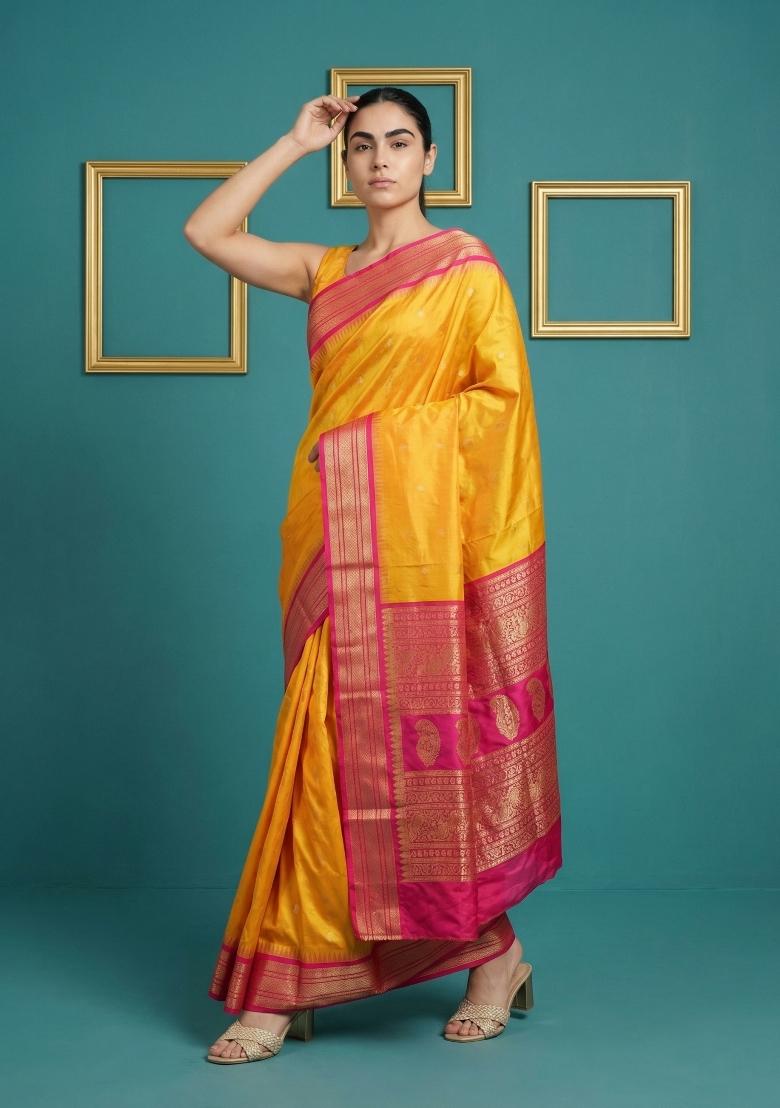 Orange Zari Work Silk Blend Saree Set - Indya