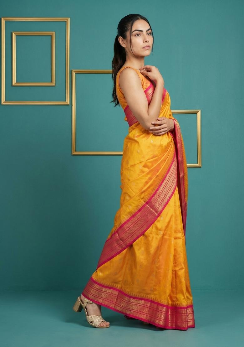 Orange Zari Work Silk Blend Saree Set - Indya