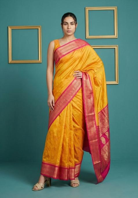 Orange Zari Work Silk Blend Saree Set