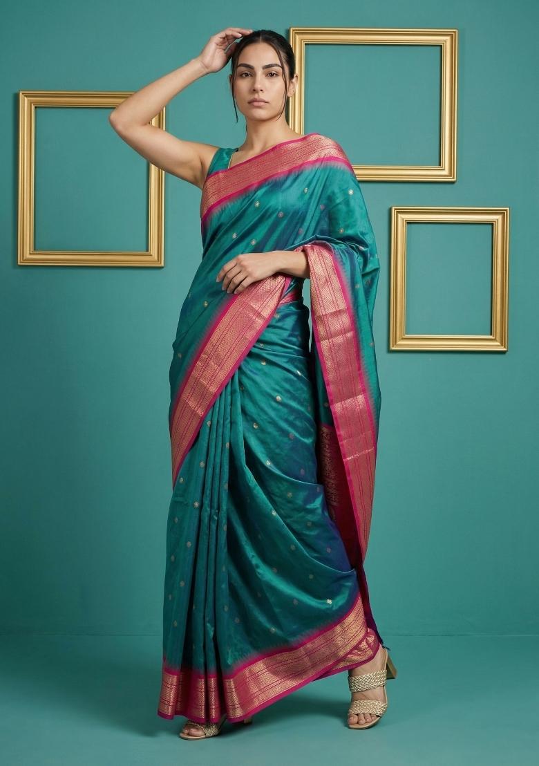 Teal Green Zari Work Silk Blend Saree Set - Indya
